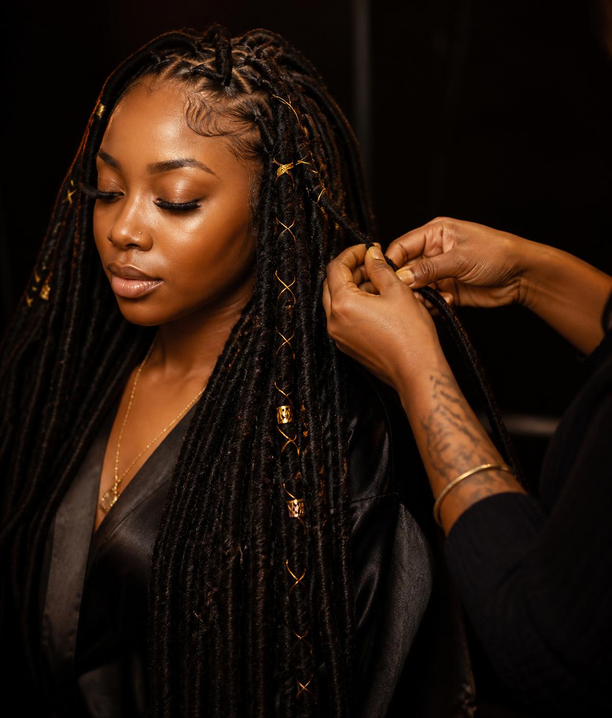 Long crochet loc extensions being installed by a loctician